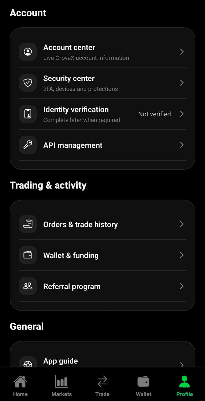 GroveX Profile mobile screen